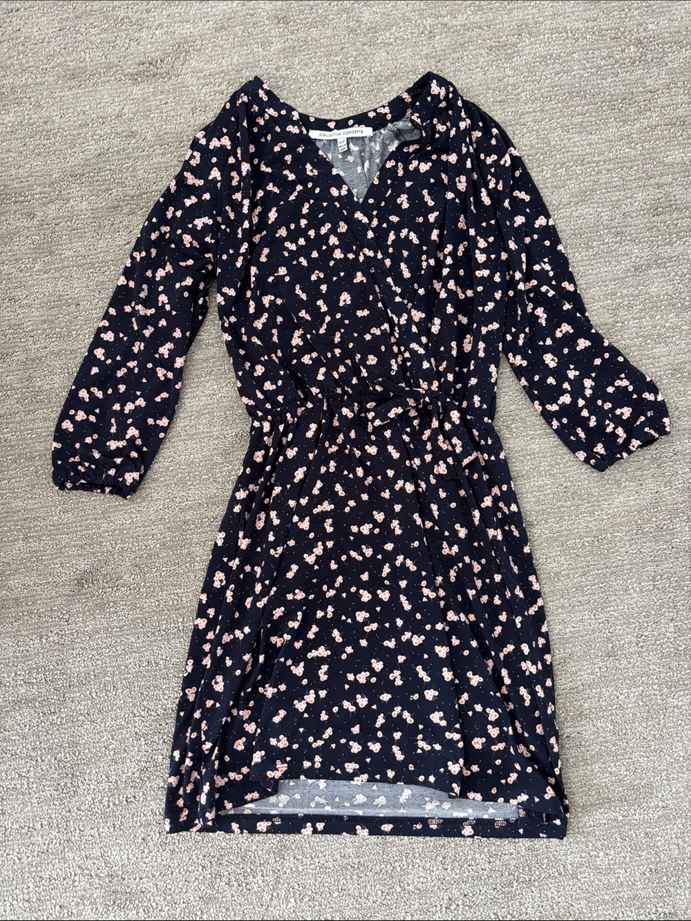 Collective Concepts Black Floral Wrap Dress with Light Pink Accents